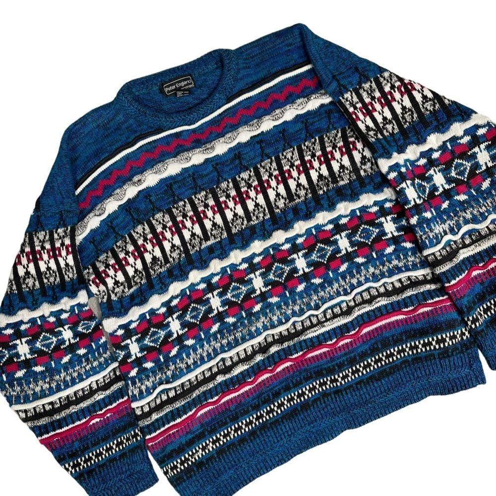 Vintage Peter England Cotton Geometric Knit Striped Sweater Men's‎ Size Medium